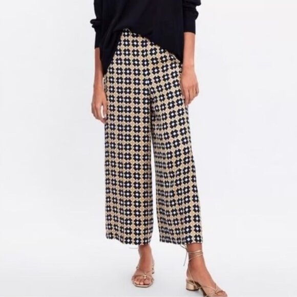 Zara Satin Wide Leg Pant L Geo Tile Print Silky Flowy Ankle Crop Dressy Trouser - Picture 1 of 16